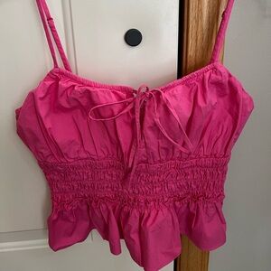 Wayf bright pink smock crop milkmaid festival camisole adjustable strap top.